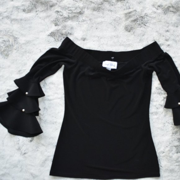 Joseph Ribkoff Black Off the Shoulder Blouse Top Shirt Size 2 Bell Sleev… - Picture 7 of 7